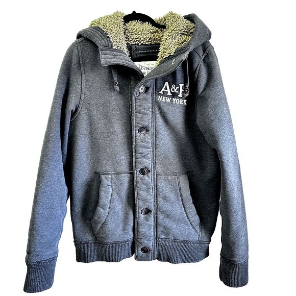 Abercrombie & Fitch Men's Y2K Gray Sherpa Distressed Heavy Hoodie Jacket SZ L